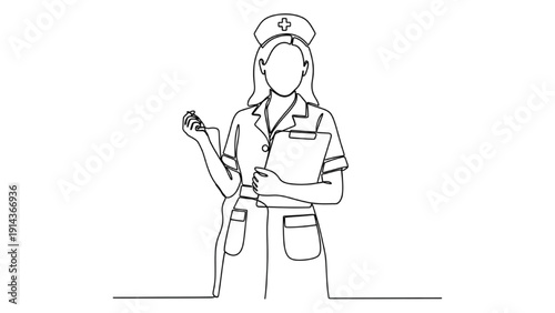 Black Continuous Line Art Nurse | Vector Illustration