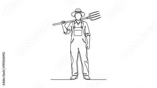 Black Continuous Line Art Farmer | Vector Illustration