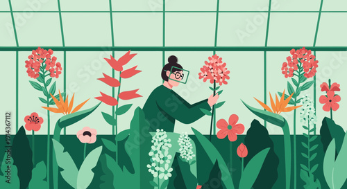 Woman Inspecting Flowers in Greenhouse, Botanical Garden Illustration