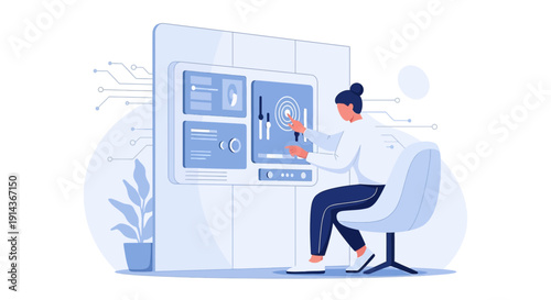 Woman Interacting with Futuristic Digital Interface, Data Analysis, Technology Concept