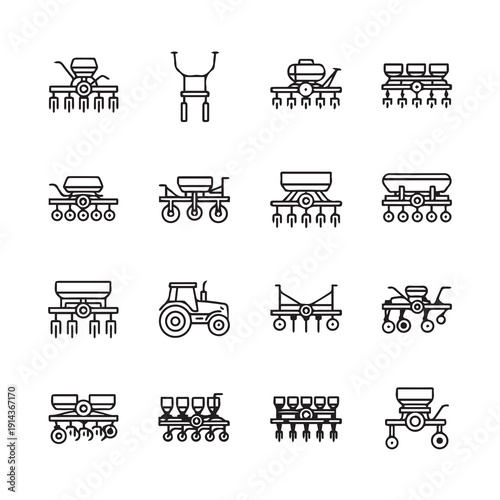 Farming Equipment Icons: Planters, Seeders, and Tractor Line Art