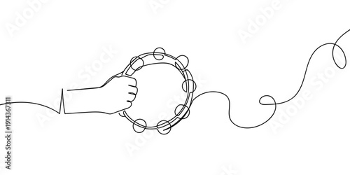Single continuous line art style: Hand holding a tambourine. Line art Illustration Editable stroke.