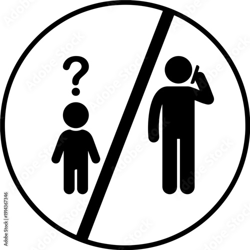 No Unattended Children Round Sign Icon, Distracted Adult on Phone Black and White Vector