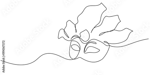 Single continuous line art style. Fancy mask for evening events. Line art Illustration Editable stroke.
