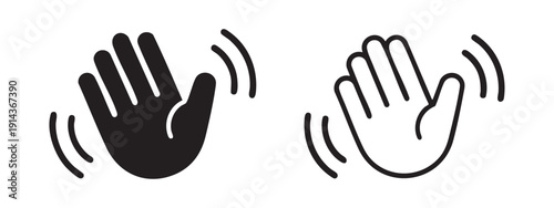 Vector illustration of a waving hand gesture in solid black and outline versions, isolated on a transparent background for UI and app design.