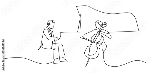 Single continuous line art style: A group of musicians playing piano and cello. Line art Illustration Editable stroke.