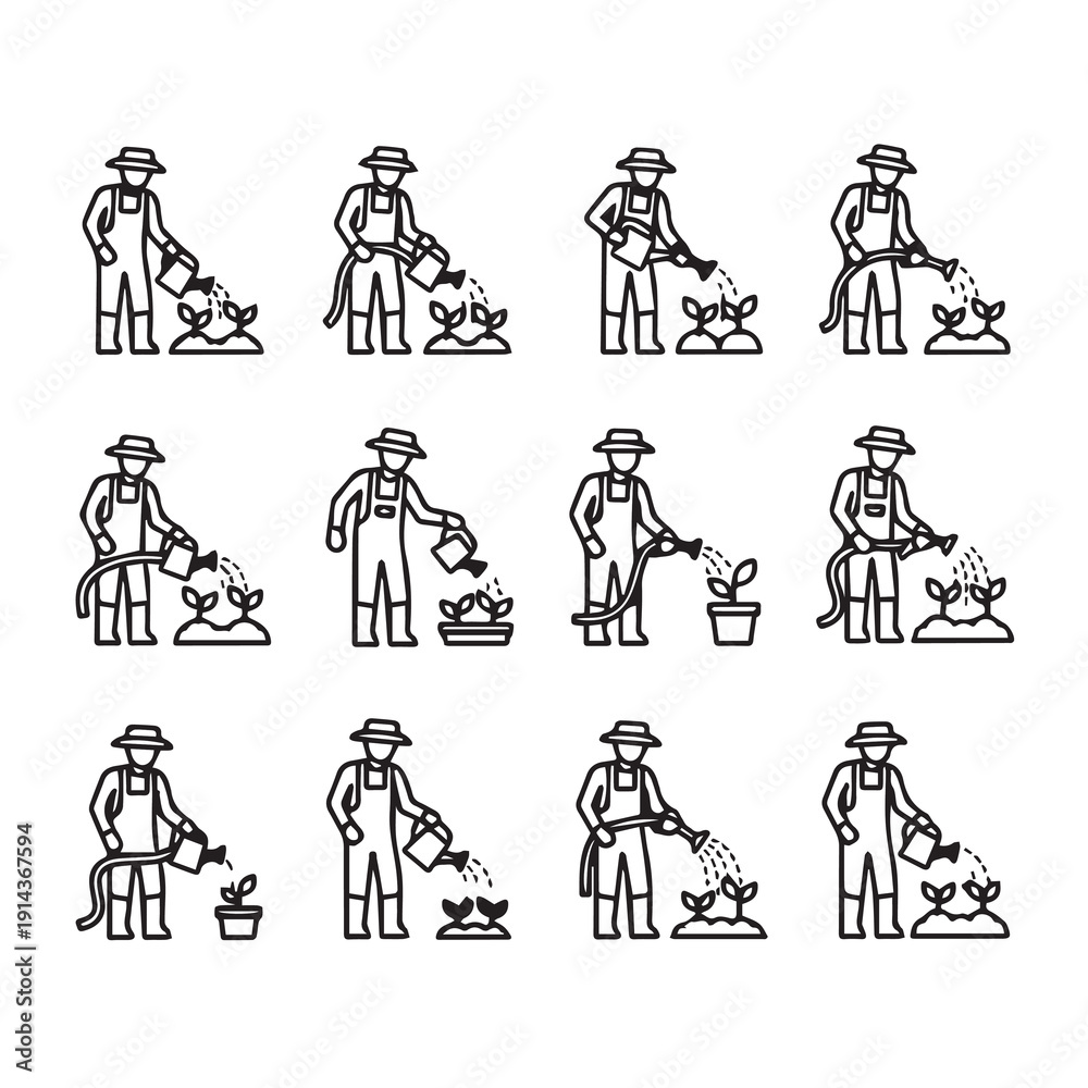 Fototapeta premium Gardener Watering Plants Icons: Diverse Actions and Growths, Line Art Style