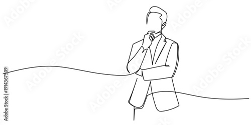 Single continuous line art style: Business person in a thoughtful pose. Line art Illustration Editable stroke.