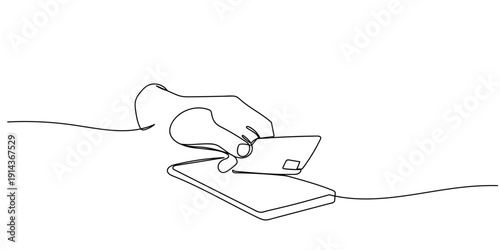 Single continuous line art style: Hand holding a credit card and a smartphone. Line art Illustration Editable stroke.