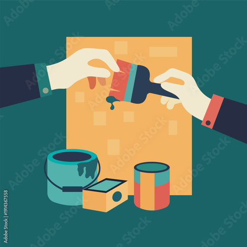 Creative home renovation process with hands painting wall and house improvement tools