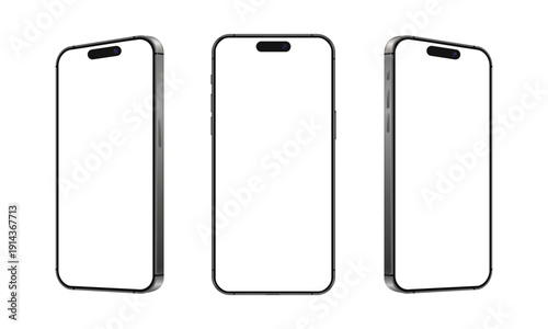 Smartphone mockup from different angles, realistic mobile phone devices in front and side view set, mobile phone layout template set