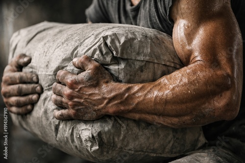 Muscular arms lifting a heavy dusty sack. The image conveys hard labor, strength and physical endurance through sweaty skin and dirty hands. Ideal for construction, fitness or industrial themes.