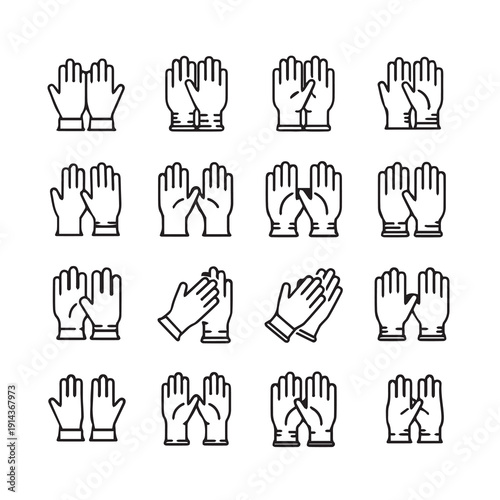 Glove Icons Set, Various Hand Protection Styles, Line Art Graphics