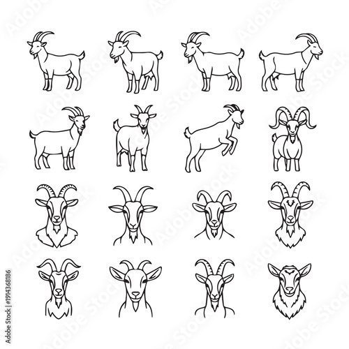Goat Icons Set: Full Body and Head Illustrations, Line Art, Stock Graphics