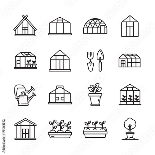 Greenhouse Icons Set: Growing Plants, Gardening Tools, and Structures