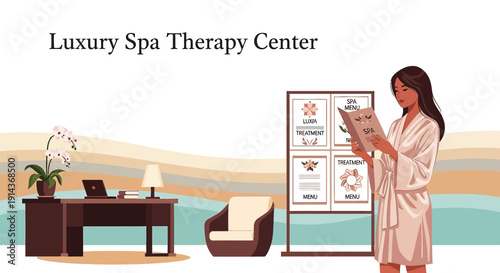 Woman in Spa Robe Reading Menu in Luxury Therapy Center