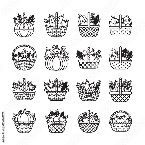 Harvest Baskets Collection: Assorted Fruits and Vegetables Line Art Icons