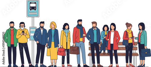 Diverse group of people waiting at a bus stop in winter clothing