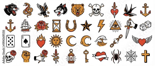 Discovering the vivid world of traditional tattoo designs featuring iconic symbols from nature to mythology