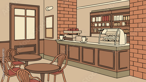 Cozy Cafe Interior with Brick Walls and Seating Area Perfect for Relaxing Coffee Break or Small Business Meeting Background