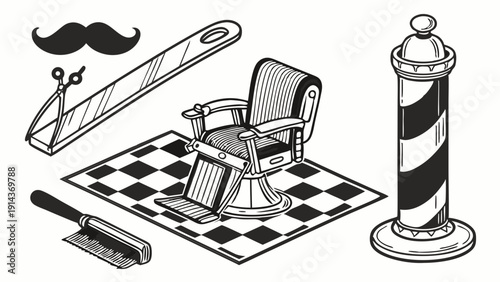 Vintage Barber Shop Icons Set Stylized Hair Salon Equipment for Retro Grooming Website Design