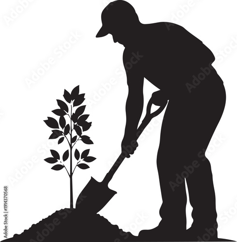 Silhouette of a man planting a small tree with a shovel, symbolizing reforestation, environmental care, and new beginnings.