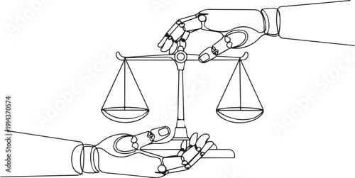 A robotic hand and a human hand holding a scale of justice