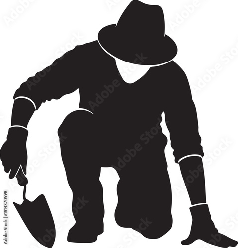 Silhouette of a gardener kneeling with a trowel, ready to plant, symbolizing dedication and hands-on work in the soil.