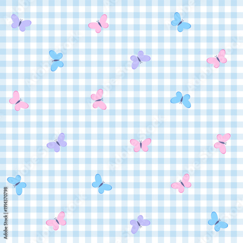 Seamless pattern with pastel butterflies on a blue gingham background. Ditsy aesthetic for nursery and textiles.