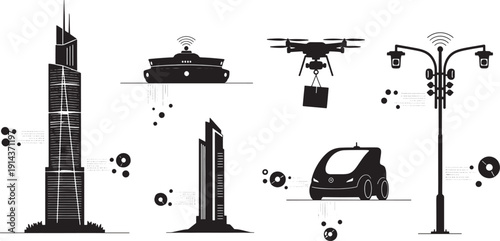 Black and white cityscape with skyscrapers drone boat and self driving car building