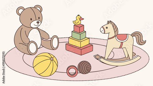 Cozy Nursery Playtime Scene with Teddy Bear Stacking Rings and Rocking Horse for Childhood Education Web Design