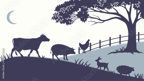 Rural Farm Animals Silhouette at Dusk for Agriculture Branding Livestock Farming Website Design Peaceful Countryside Scene