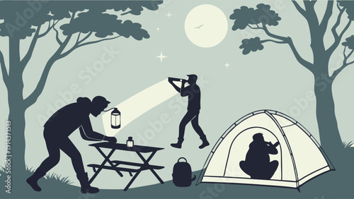 Night Camping Silhouette Family Stargazing with Lantern and Tent for Outdoor Adventure Travel Website Design