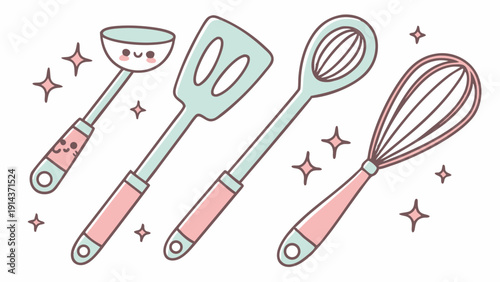 Kawaii Cooking Utensils Set Ladle Spatula Whisk for Bakery Blog Design Cute Kitchen Recipe Graphics