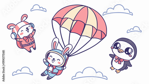 Cute Cartoon Animals Skydiving with Parachute Fun Adventure for Children's Book Design or Toy Promotion