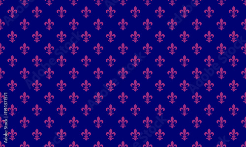 Elegant repeating pattern of pink fleurdelis on a deep blue background. Perfect for design projects needing a touch of royal sophistication, this image evokes heritage and classic style.