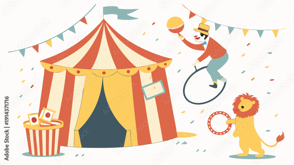 Obraz premium Vibrant Circus Tent Performance with Clown on Unicycle and Taming Lion for Event Promotion and Family Entertainment Design