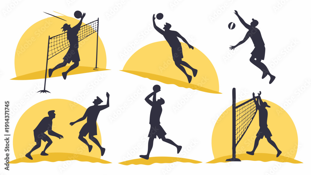 Fototapeta premium Dynamic Volleyball Player Silhouettes Spiking Serving and Digging for Sports Web Design Summer Promotion