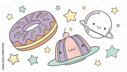Kawaii Pastel Space Sweets Pattern Cute Donut Planet Jelly for Kids Party Dessert Cafe Web Design