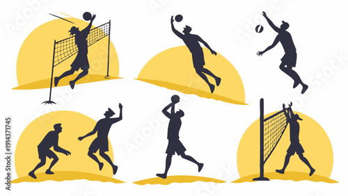 Dynamic Volleyball Player Silhouettes Spiking Serving and Digging for Sports Web Design Summer Promotion