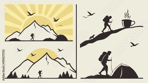 Silhouette Hikers Ascending Mountains Camping Sunrise Adventure for Travel Web Design Outdoor Recreation Promotion and Lifestyle Branding