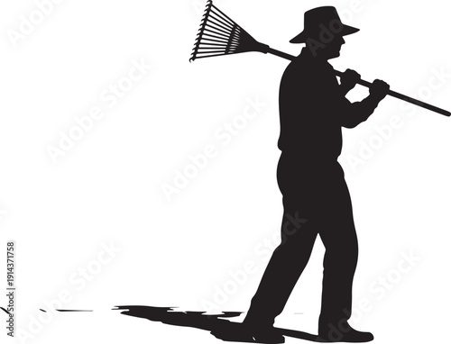 Silhouette of a man carrying a rake over his shoulder, ready for yard work or gardening, symbolizing autumn cleanup or spring preparation.