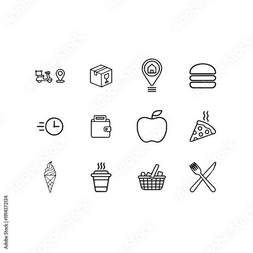 Food and beverage delivery icon set, simple linear restaurant and grocery service symbols