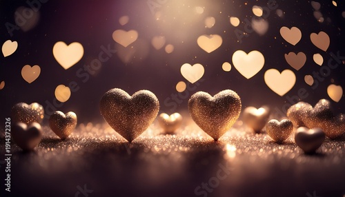 Love Hearts On A Dark Background With Bokeh Lights And Particles