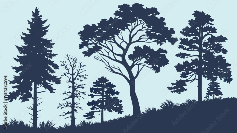 Fototapeta premium Diverse Forest Silhouette Set Evergreen and Deciduous Trees for Nature Design Landscape Ecology Projects Outdoor Adventure Branding