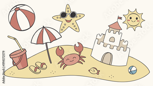 Cute Summer Beach Vacation Scene with Sandcastle Crab Starfish for Kids Holiday Travel Web Design Fun