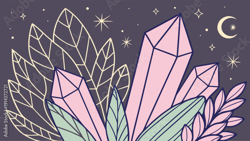 Mystical Pink Crystal Cluster with Moon and Stars for Spiritual Branding Occult Design Metaphysical Web Banner