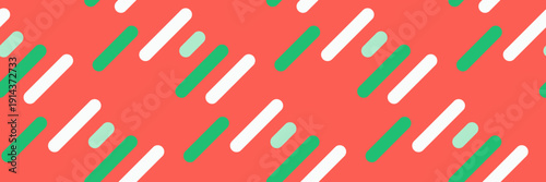 Vibrant coral background featuring a dynamic pattern of diagonal, rounded rectangles in white, mint green, and coral.