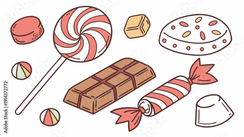 Assorted Colorful Candies and Sweets Collection for Holiday Treats Website Design or Dessert Menu Background