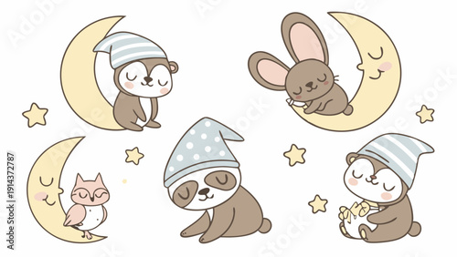 Cute Sleeping Forest Animals on Moons Nursery Wall Decal Sticker for Baby Kids Bedroom Decor Illustration